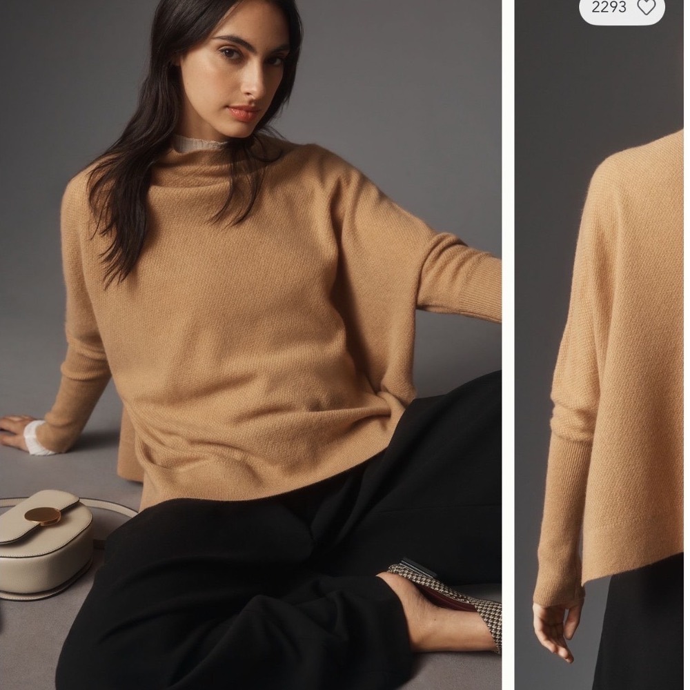 Maeve Anthropologie Shea Oversized Boxy‎ 100% Cashmere Mock Neck Sweater Camel M